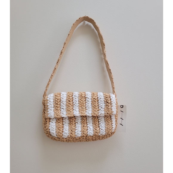 Anthropologie STRIPED RAFFIA SHOULDER BAG IN BEIGE - Picture 2 of 6